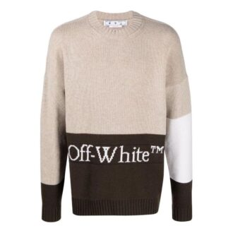 Pull en laine à intarsia et blocs de couleur avec logo Off-White pour homme SS22, beige Pull en laine à intarsia et blocs de couleur avec logo Off-White pour homme SS22, beige