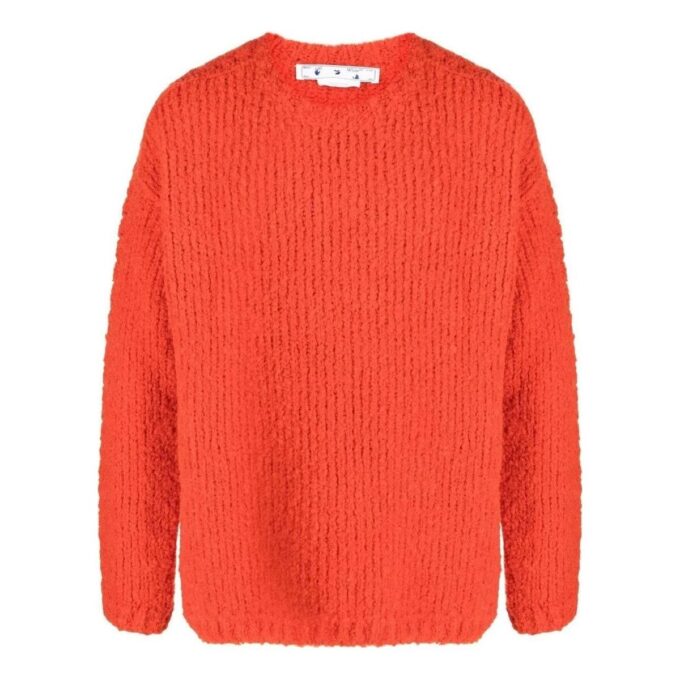 Pull en laine à manches longues et col rond Off-White pour homme, collection automne-hiver 2022, couleur unie, logo brodé, coupe ample, orange