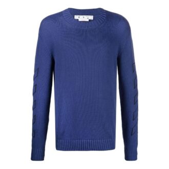 Pull en laine à manches longues et col rond Off-White pour homme FW22, couleur unie, logo brodé, bleu Pull en laine à manches longues et col rond Off-White pour homme FW22, couleur unie, logo brodé, bleu
