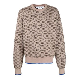 Pull en laine à motif logo et côtes Off-White pour homme, version beige Pull en laine à motif logo et côtes Off-White pour homme, version beige