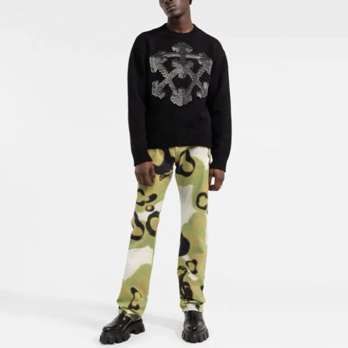 Pull en laine tricoté à motif flèche 3D Off-White pour homme FW21, coupe ample, noir