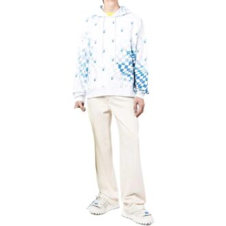 Pull Off-White pour homme SS22 à imprimé logo quadrillé, version à manches longues, bleu et blanc