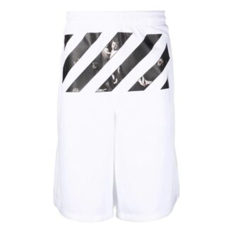 Shorts décontracté pour homme Off-White FW22 en sergé imprimé, longueur genou, taille élastiquée, coupe ample, blanc Shorts décontracté pour homme Off-White FW22 en sergé imprimé, longueur genou, taille élastiquée, coupe ample, blanc
