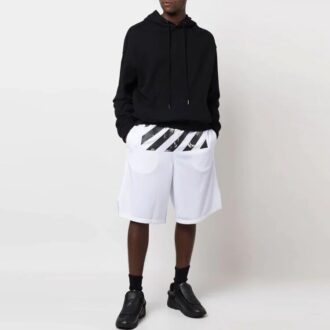 Shorts décontracté pour homme Off-White FW22 en sergé imprimé, longueur genou, taille élastiquée, coupe ample, blanc Shorts décontracté pour homme Off-White FW22 en sergé imprimé, longueur genou, taille élastiquée, coupe ample, blanc