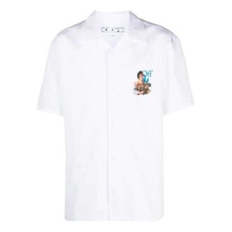 SS21 Chemise à col et manches courtes imprimée, coupe ajustée, blanche