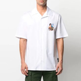 SS21 Chemise à col et manches courtes imprimée, coupe ajustée, blanche