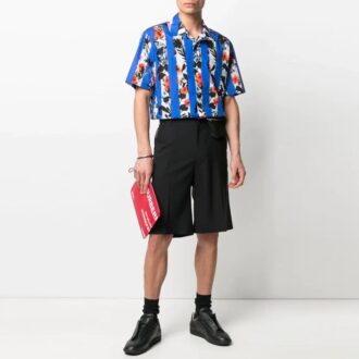 SS21 Chemise à manches courtes à rayures et imprimé floral, version bleue