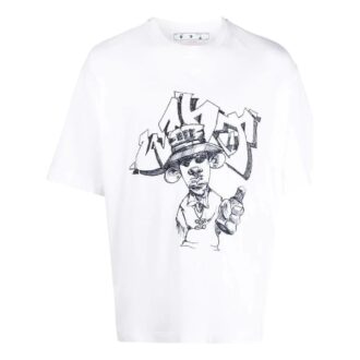 T-shirt blanc ample à manches courtes et col rond Off-White pour homme FW22 avec imprimé cartoon