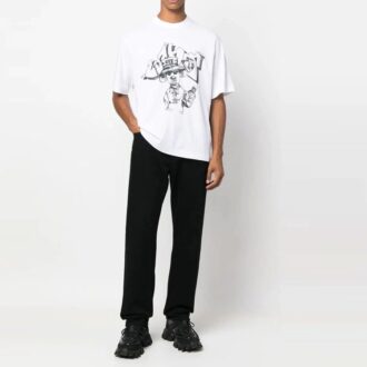 T-shirt blanc ample à manches courtes et col rond Off-White pour homme FW22 avec imprimé cartoon