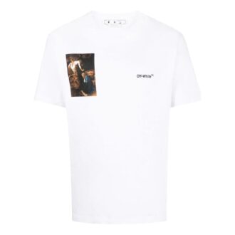 T-shirt blanc à col rond et Shorts Off-White pour homme FW22, version standard, avec imprimé de personnage