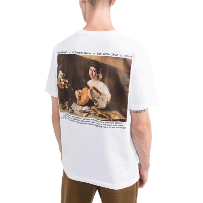 T-shirt blanc à col rond et Shorts Off-White pour homme FW22, version standard, avec imprimé de personnage