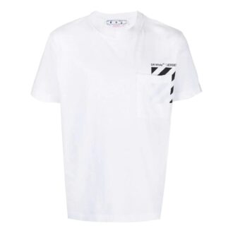 T-shirt blanc à manches courtes et col rond avec poche et rayures sur la poitrine pour homme Off-White
