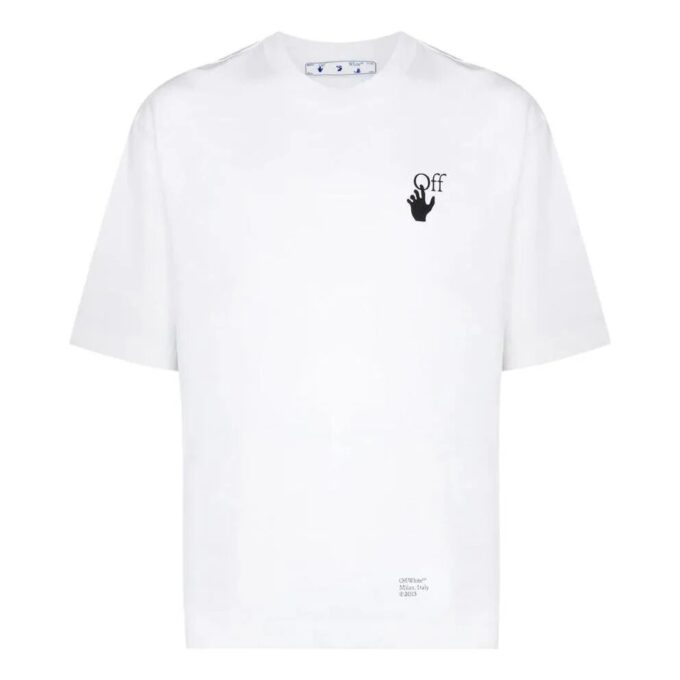 T-shirt blanc à manches courtes et col rond Off-White pour homme, collection printemps-été 2022, imprimé logo et motif flèche Caravaggio