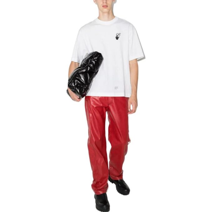 T-shirt blanc à manches courtes et col rond Off-White pour homme, collection printemps-été 2022, imprimé logo et motif flèche Caravaggio