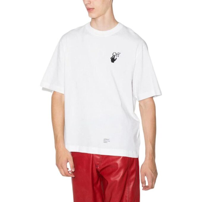 T-shirt blanc à manches courtes et col rond Off-White pour homme, collection printemps-été 2022, imprimé logo et motif flèche Caravaggio