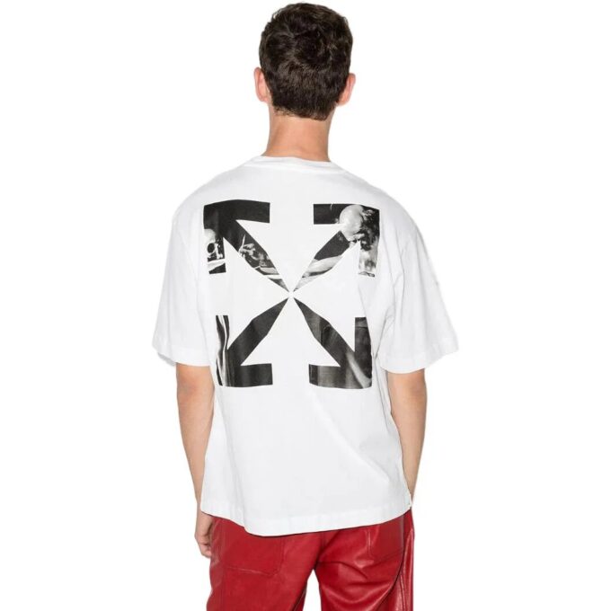 T-shirt blanc à manches courtes et col rond Off-White pour homme, collection printemps-été 2022, imprimé logo et motif flèche Caravaggio
