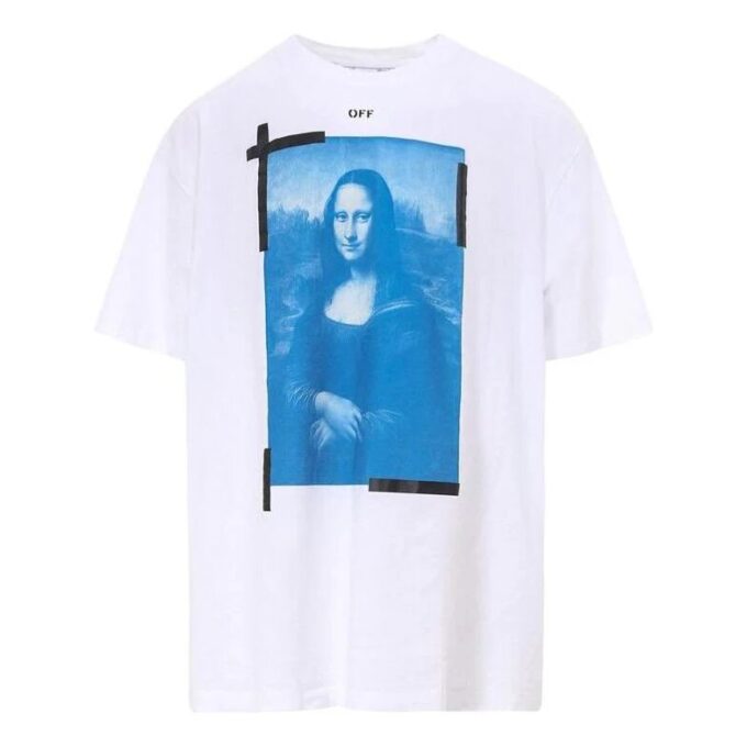T-shirt blanc à manches courtes et col rond Off-White pour homme, imprimé Mona Lisa et flèche