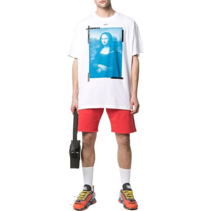 T-shirt blanc à manches courtes et col rond Off-White pour homme, imprimé Mona Lisa et flèche