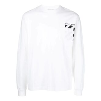 T-shirt blanc à manches longues et col rond Off-White pour homme, collection printemps-été 2022, avec logo rayé imprimé