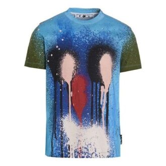 T-shirt bleu à manches courtes et col rond Off-White pour homme, collection automne-hiver 2021, imprimé peinture à la bombe