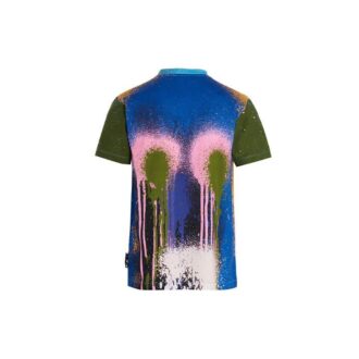 T-shirt bleu à manches courtes et col rond Off-White pour homme, collection automne-hiver 2021, imprimé peinture à la bombe