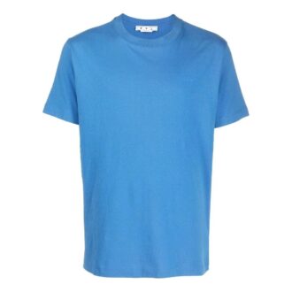 T-shirt bleu à manches courtes et col rond Off-White pour homme FW22 avec grand logo imprimé dans le dos