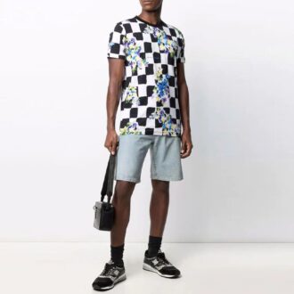 T-shirt à manches courtes à carreaux « Cotton Flowers » noir et blanc SS21