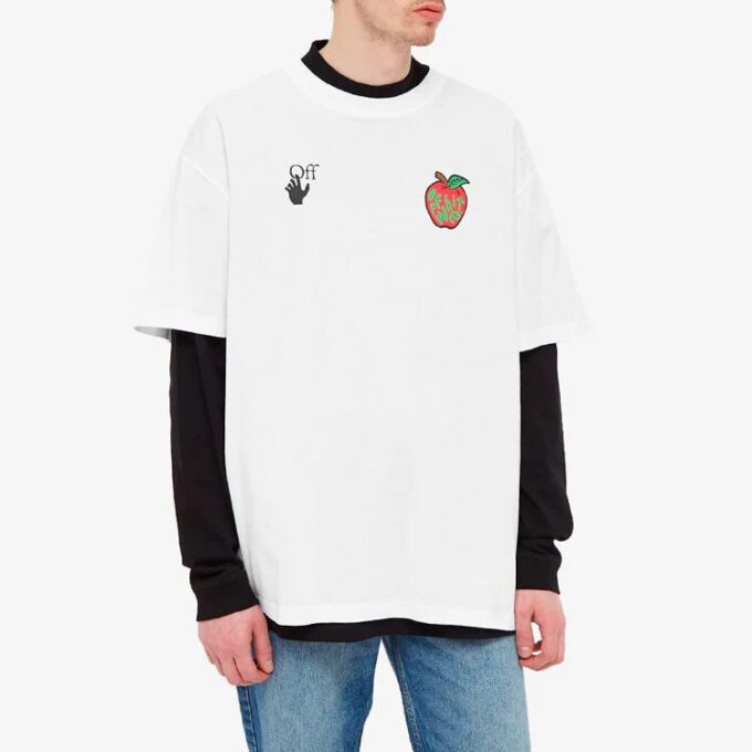 T-shirt à manches courtes imprimé pomme, coupe ample, blanc, pour homme