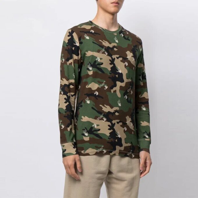 T-shirt à manches longues ample imprimé camouflage Off-White pour homme, collection printemps-été 2021, vert
