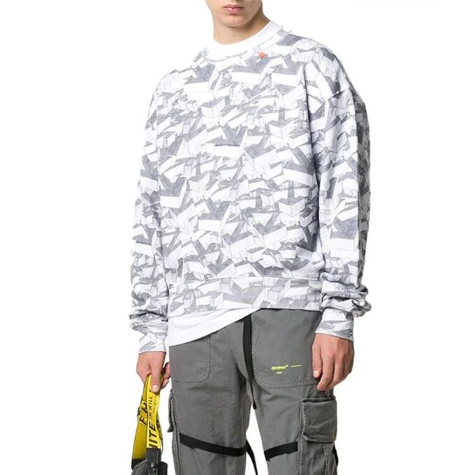 T-shirt à manches longues blanc à col rond en coton pour homme Off-White, imprimé géométrique intégral