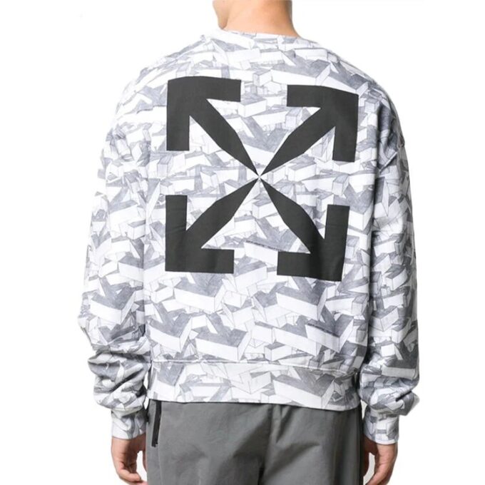 T-shirt à manches longues blanc à col rond en coton pour homme Off-White, imprimé géométrique intégral