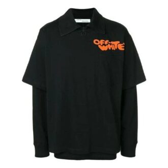 T-shirt à manches longues noir avec col à patte de boutonnage et imprimé alphabétique