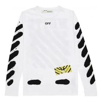 T-shirt à manches longues OW White Splash Ink Graffiti « Blanc Noir »