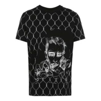 T-shirt noir à manches courtes et col rond avec imprimé à motifs unis