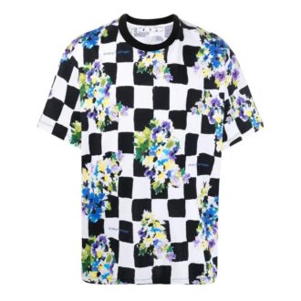 T-shirt noir à manches courtes et col rond, coupe ample, imprimé fleurs à carreaux Off-White pour homme, collection printemps-été 2022