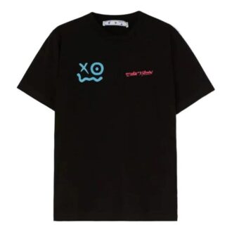 T-shirt noir à manches courtes Off-White x Andr / Logo croisé et visage souriant imprimé sur le col rond