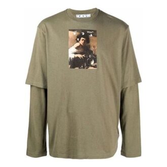 T-shirt Off-White pour homme Caravaggio Boy à manches longues et coupe ample, imprimé vert militaire