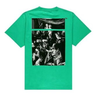 T-shirt Off-White pour homme Caravaggio à imprimé carré dans le dos, Shorts, manches courtes, coupe ample, vert, par Virgil Abloh