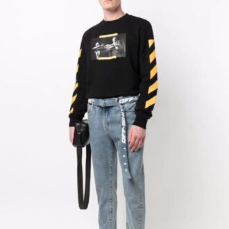 T-shirt Off-White pour homme à col rond et manches longues, imprimé, noir
