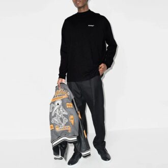 T-shirt Off-White pour homme FW21 à col rond, manches longues, coupe ample, noir, avec logo et flèche
