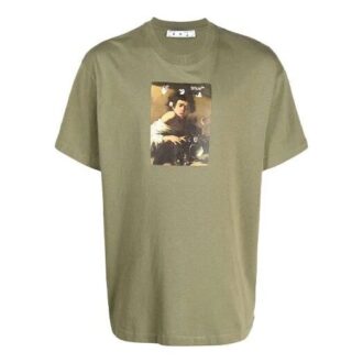 T-shirt Off-White pour homme FW21 à imprimé peinture, col rond, manches courtes et coupe ample, vert
