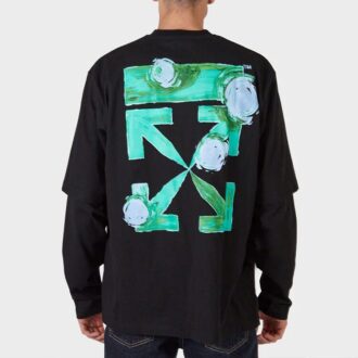 T-shirt Off-White pour homme FW21 à manches longues, coupe ample, imprimé flèche verte, noir