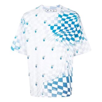 T-shirt Off-White pour homme FW22 à col rond, manches courtes, coupe ample, imprimé logo à carreaux, bleu