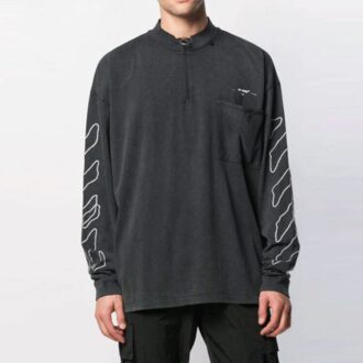 T-shirt Off-White pour homme SS21 à manches longues, coupe ample, demi-fermeture éclair et motif flèche, gris foncé
