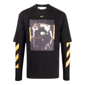 T-shirt Off-White pour homme SS22 à col rond et manches longues, imprimé, noir