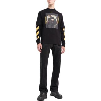 T-shirt Off-White pour homme SS22 à col rond et manches longues, imprimé, noir