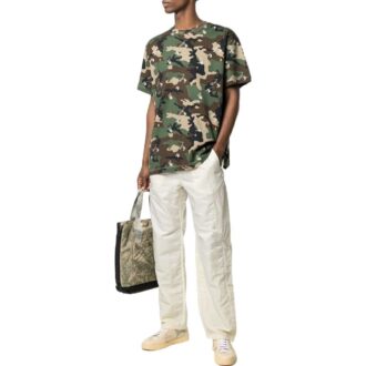 T-shirt Off-White pour homme SS22 à col rond et shorts, motif camouflage, vert