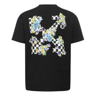 T-shirt Off-White SS21 à col rond, manches courtes, coupe ajustée, imprimé floral et à carreaux, noir