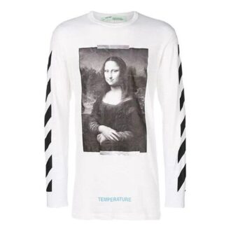 T-shirt unisexe blanc à manches longues ample avec imprimé Mona Lisa